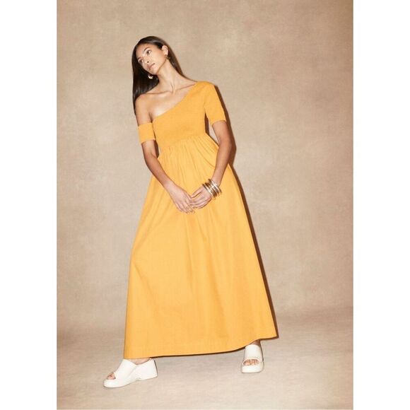 SWF Asymmetric Golden Yellow Maxi Dress vacation Wedding Guest size S NWOT - Picture 1 of 7